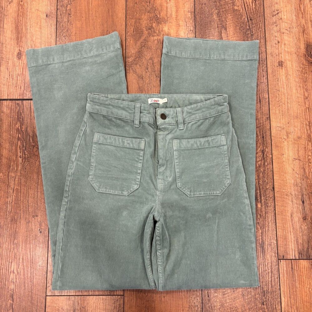 Faherty Stretch Terry Cord Patch Pocket Pant Women 27 Sea Moss Green Wide Leg - Picture 2 of 10